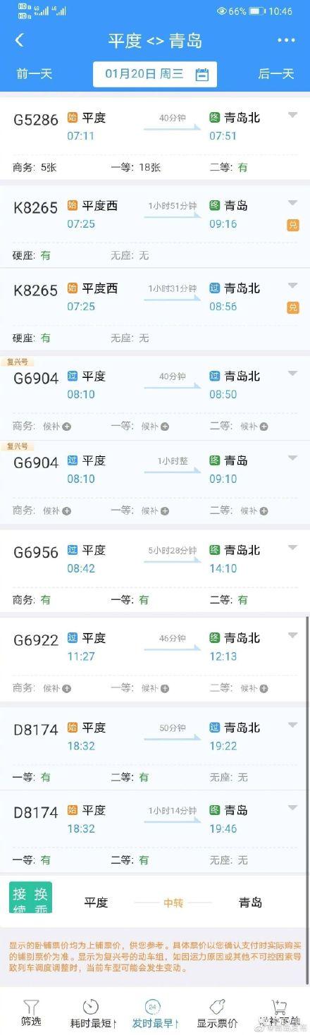 1月20日起，平度站到青岛站、青岛北站直达高铁动车有票了